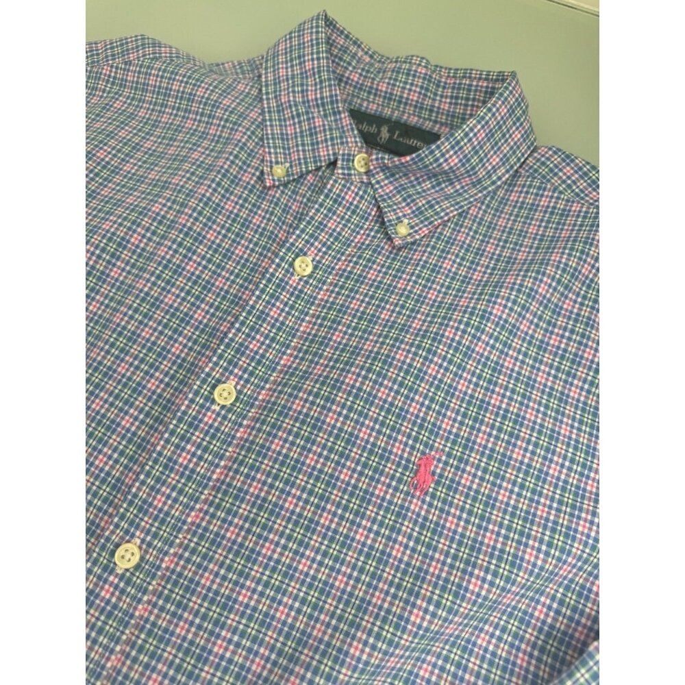 Polo Ralph Lauren Men Shirt Large L Madras Button UP Long Sleeve Blue Pink - Picture 1 of 8